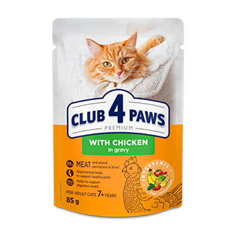 CLUB 4 PAWS PREMIUM "WITH CHICKEN IN GRAVY". COMPLETE CANNEDPET FOOD FOR CATS FROM 7 YEARS OLD