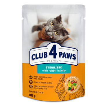 CLUB 4 PAWS PREMIUM "WITH RABBIT IN JELLY". СOMPLETE CANNED PET FOOD FOR ADULT STERILISED CATS